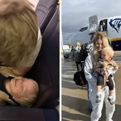 Dziecko śpi w samolocie Ryanair, a obok mama z dzieckiem na rękach czeka na wejście do samolotu. Zgoda rodziców na podróż jest kluczowa.