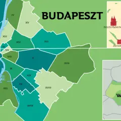 Mapa administracyjna Budapesztu, stolicy Węgier. Widoczne dzielnice, Dunaj i zabytki.