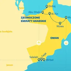 Mapa pokazuje Zjednoczone Emiraty Arabskie i Oman, z zaznaczonymi miastami jak Dubaj, Maskat i Salalah.