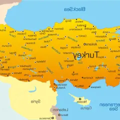 Mapa Turcji, gdzie leży ten kraj, z zaznaczonymi miastami i granicami.