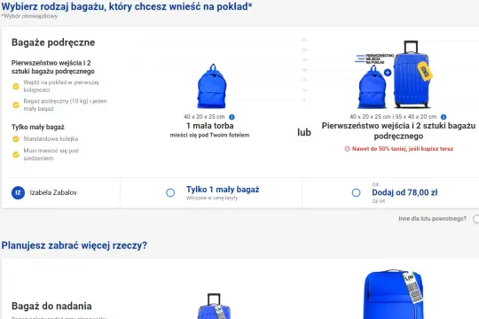 Wybór bagażu podręcznego Ryanair: mała torba lub priorytet z 2 sztukami. Dokupienie bagażu jest opcjonalne.