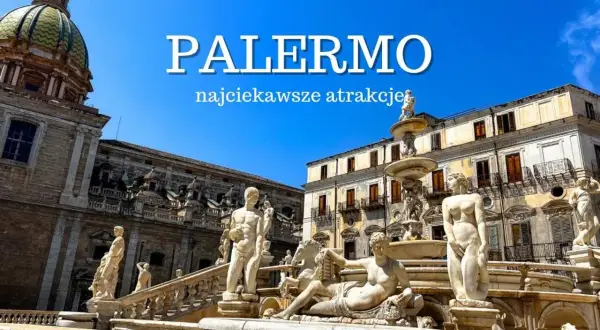 Fontanna Pretoria w Palermo, stolicy Sycylii, z rzeźbami i kopułą Palazzo dei Normanni w tle.