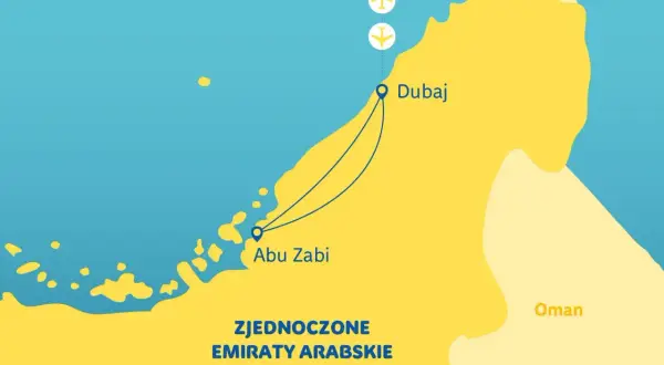Mapa Zjednoczonych Emiratów Arabskich pokazuje, gdzie jest Abu Zabi, obok Dubaju.