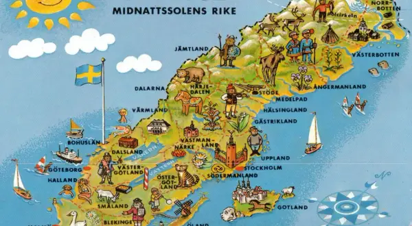 Mapa Szwecji, gdzie jest Szwecja, z regionami, zwierzętami i ludźmi. Słońce, chmury, flagi i statki.