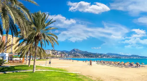 Słoneczne **Malaga plaże** z palmami, piaskiem i turkusowym morzem. W tle miasto i góry.