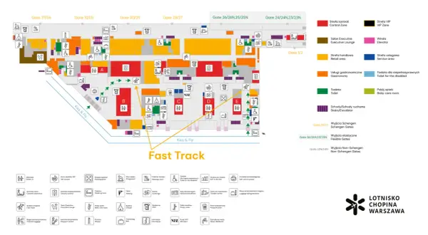 Mapa lotniska z zaznaczoną strefą "Fast Track" i legendą.