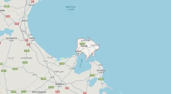 Mapa pokazuje, gdzie leży Djerba, wyspa na południe od Kabis i na wschód od Madanin, w Tunezji.