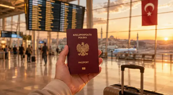 Polski paszport w dłoni, gotowy do przekroczenia granic Turcji. W tle lotnisko i zachód słońca.