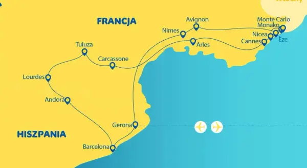 Mapa pokazuje trasę przez Francję i Hiszpanię, z zaznaczoną Barceloną nad morzem.