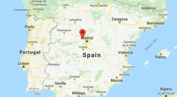 Mapa pokazuje, gdzie jest półwysep iberyjski, z zaznaczonym Madrytem. Widoczne są Portugalia, Hiszpania i fragment Francji.