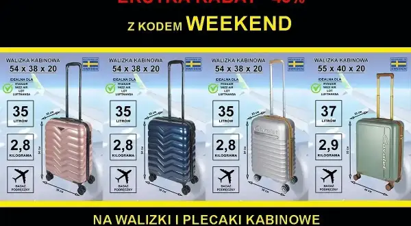 Walizki kabinowe 54x38x20 cm idealne na bagaż podręczny Wizzair. Różne kolory, 35 litrów, 2,8 kg.