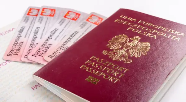 Czerwony paszport Unii Europejskiej z godłem Polski i kilka dowodów osobistych. Każdy dokument zawiera numer paszportu.