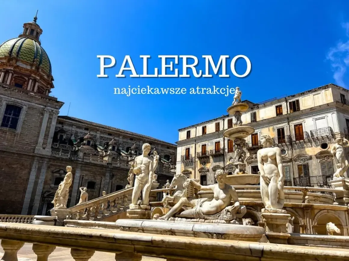 Fontanna Pretoria w Palermo, stolicy Sycylii, z rzeźbami i kopułą Palazzo dei Normanni w tle.