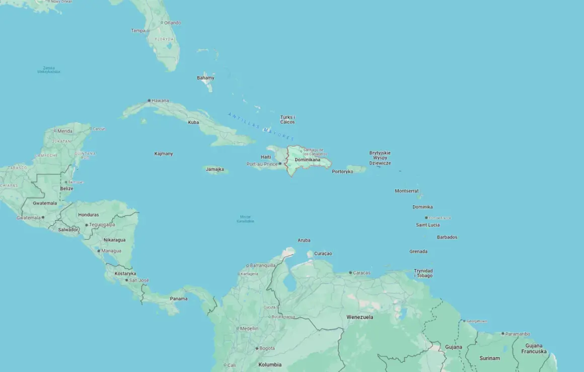 Mapa Karaibów, gdzie leży Dominikana, między Haiti a Portoryko, na Morzu Karaibskim.