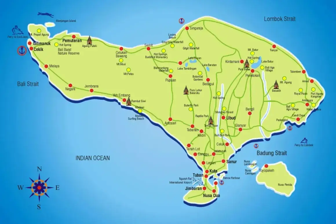Mapa Bali z zaznaczonymi atrakcjami: gdzie znajduje się Bali, od wybrzeża po góry, z miastami jak Kuta, Ubud i Denpasar.