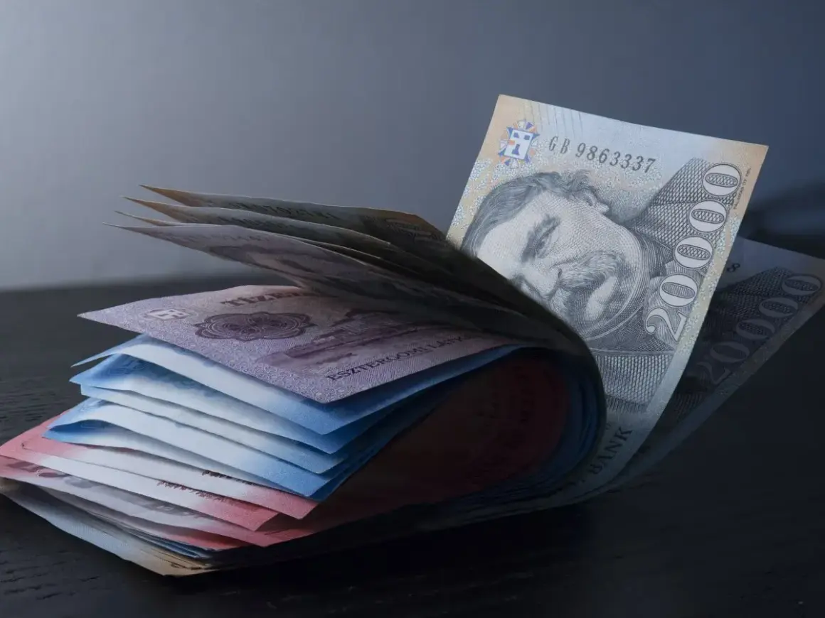 Stos banknotów, w tym 20 000 forintów, pokazuje, jaka waluta na Węgrzech jest w obiegu.