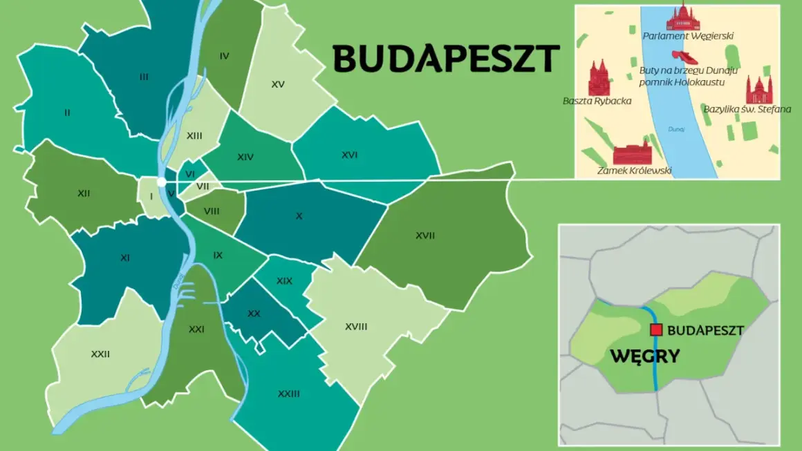 Mapa administracyjna Budapesztu, stolicy Węgier. Widoczne dzielnice, Dunaj i zabytki.