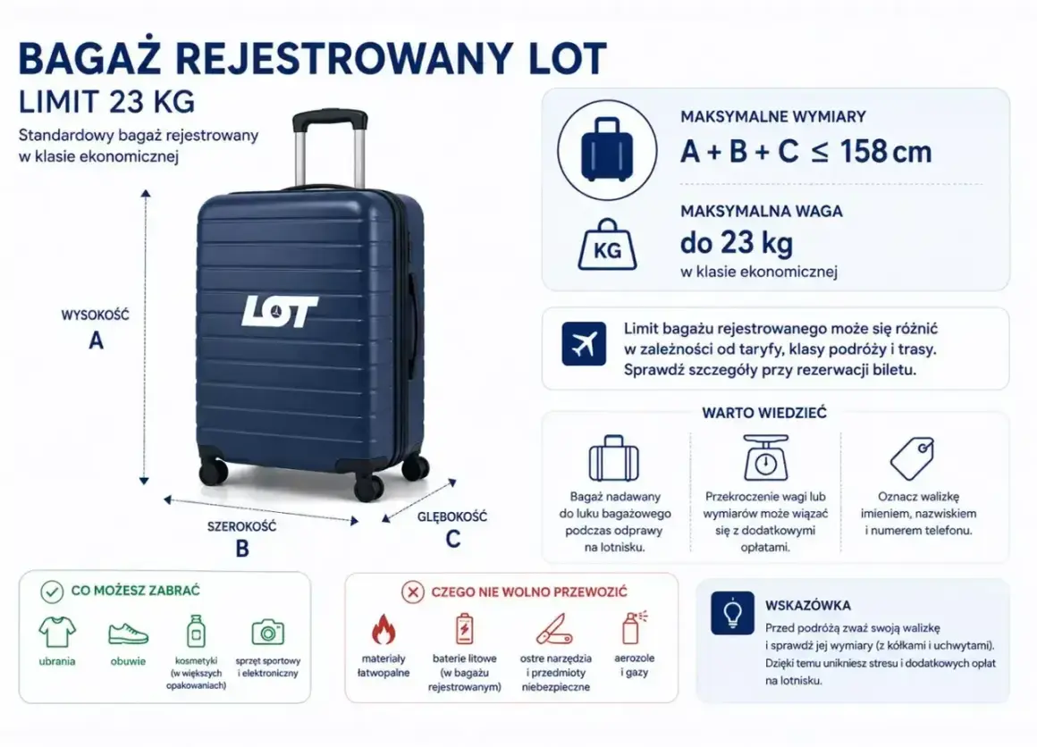 Jak spakować się do samolotu: bagaż rejestrowany LOT do 23 kg, wymiary A+B+C ≤ 158 cm. Sprawdź, co możesz zabrać, a czego unikać.