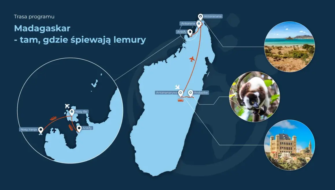 Mapa pokazuje, gdzie leży Madagaskar, z zaznaczonymi trasami podróży i zdjęciami lemurów, plaż i budynków.
