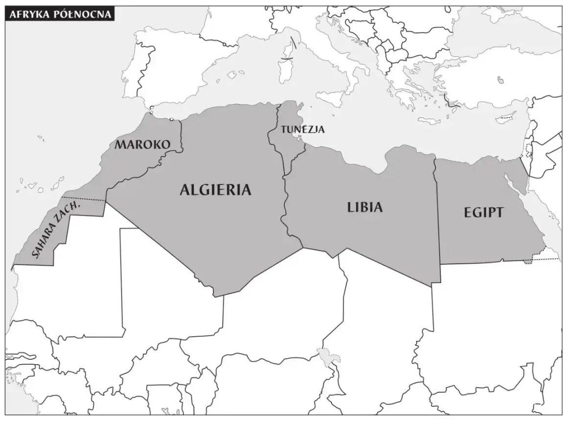 Mapa Afryki Północnej: Maroko, Algieria, Tunezja, Libia i Egipt. Egipt jaki kontynent, pokazuje jego położenie.