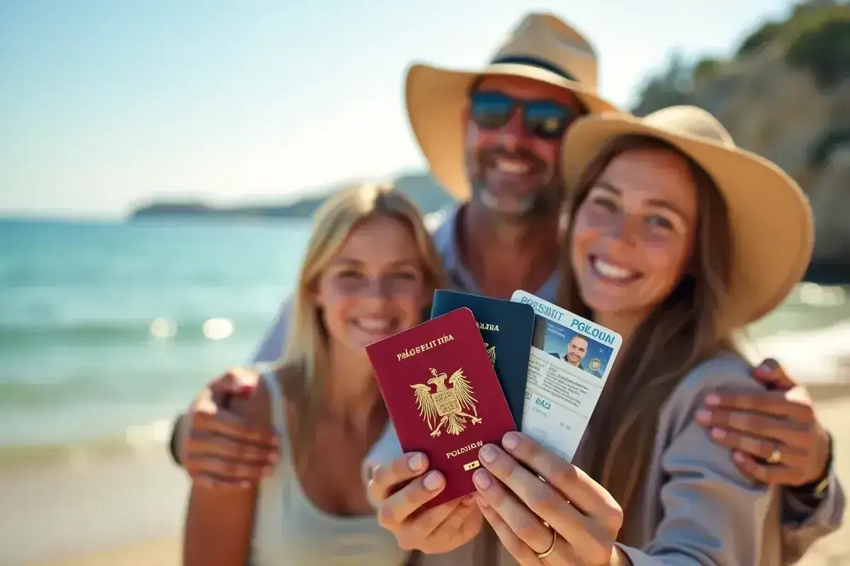 Rodzina na plaży trzyma paszporty. Czy na Wyspy Kanaryjskie potrzebny jest paszport? Tak, do podróży do krajów UE, w tym na Wyspy Kanaryjskie, potrzebny jest paszport lub dowód osobisty.