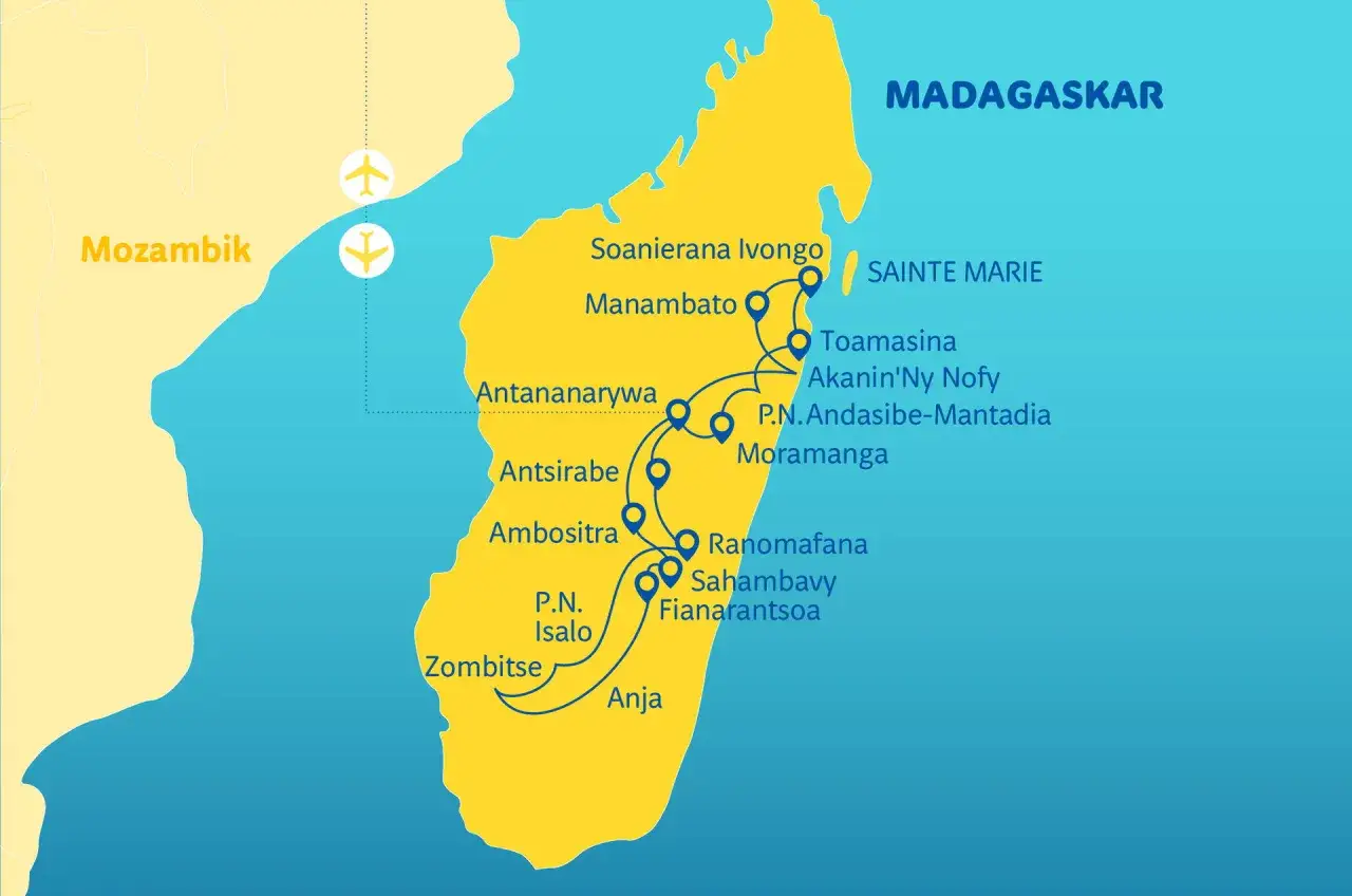Mapa Madagaskaru z trasą turystyczną i lotami z Mozambiku. Planując podróż, warto sprawdzić, kiedy jechać na Madagaskar, by cieszyć się jego unikalną przyrodą.
