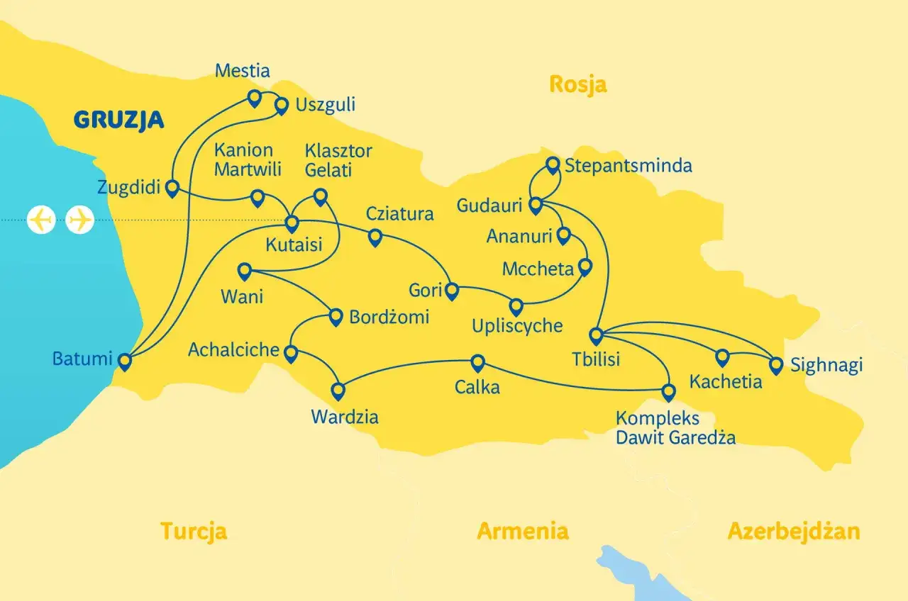 Mapa pokazuje, gdzie leży Gruzja, z zaznaczonymi miastami jak Tbilisi, Batumi, Kutaisi i popularnymi trasami turystycznymi.