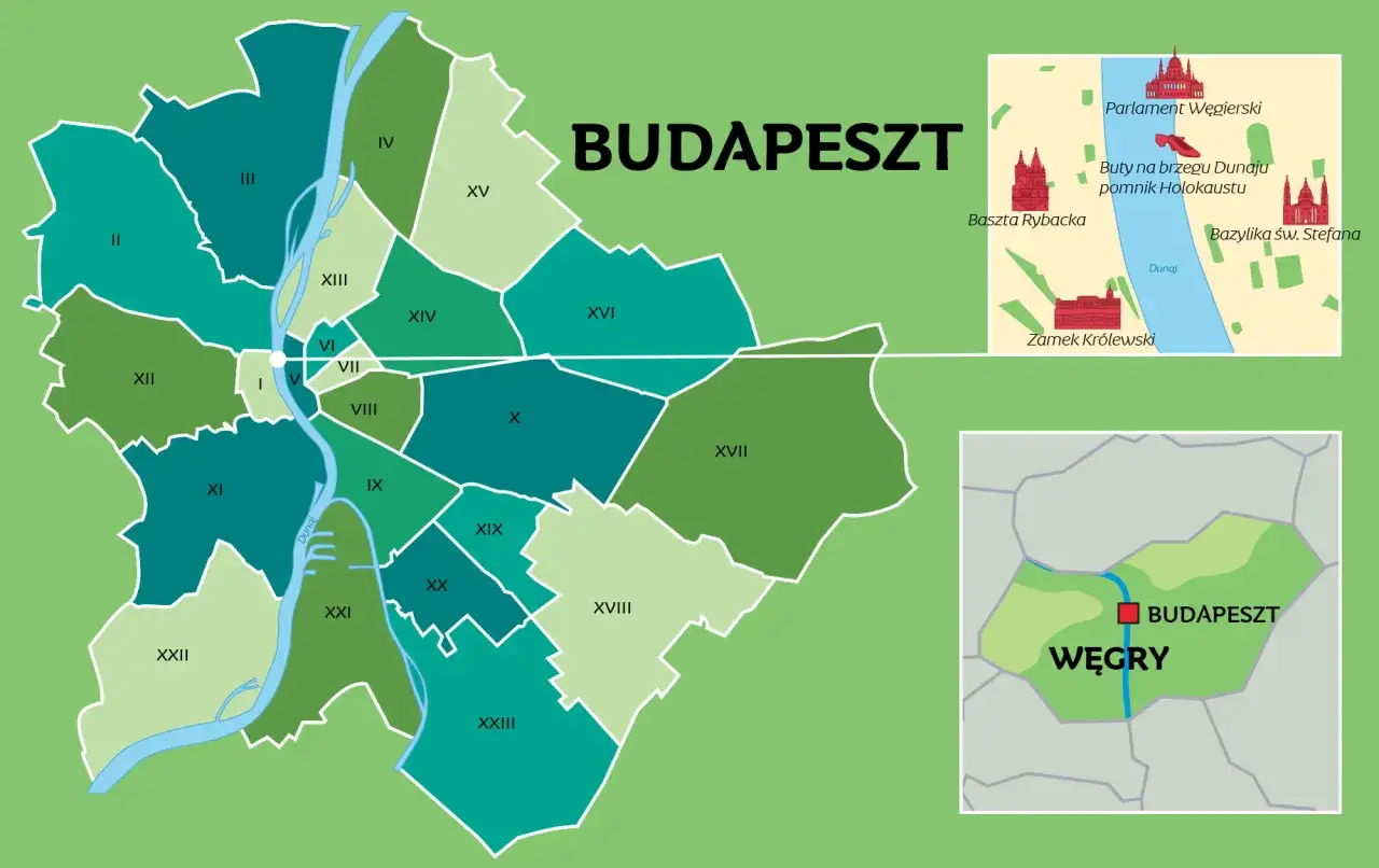 Mapa administracyjna Budapesztu, stolicy Węgier, z zaznaczonymi dzielnicami i kluczowymi zabytkami. Gdzie jest Budapeszt? Tutaj!