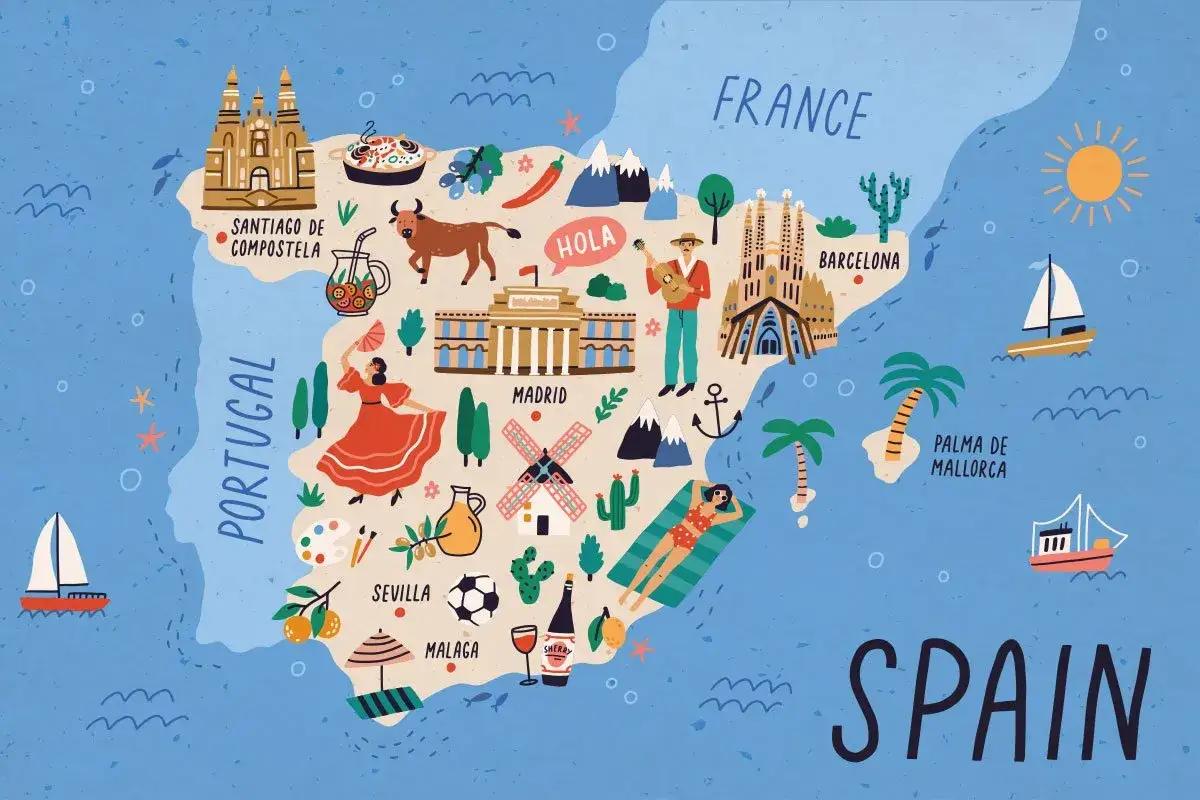 Hiszpania słynie z słońca, flamenco, byków, pysznego jedzenia i pięknych plaż. Mapa pokazuje główne atrakcje.