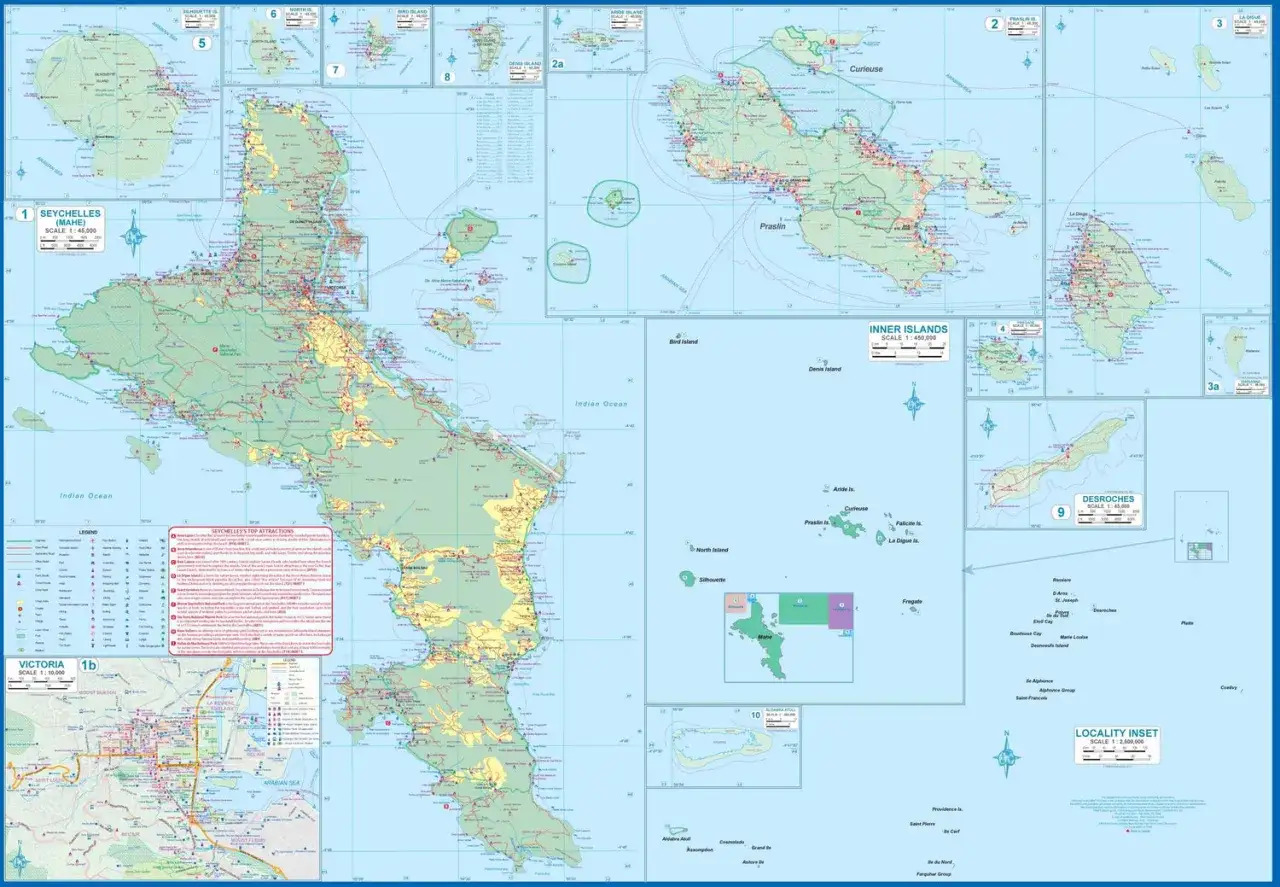 Mapa pokazuje, gdzie leżą Seszele: archipelag wysp na Oceanie Indyjskim, z zaznaczonymi głównymi wyspami jak Mahe, Praslin i La Digue.