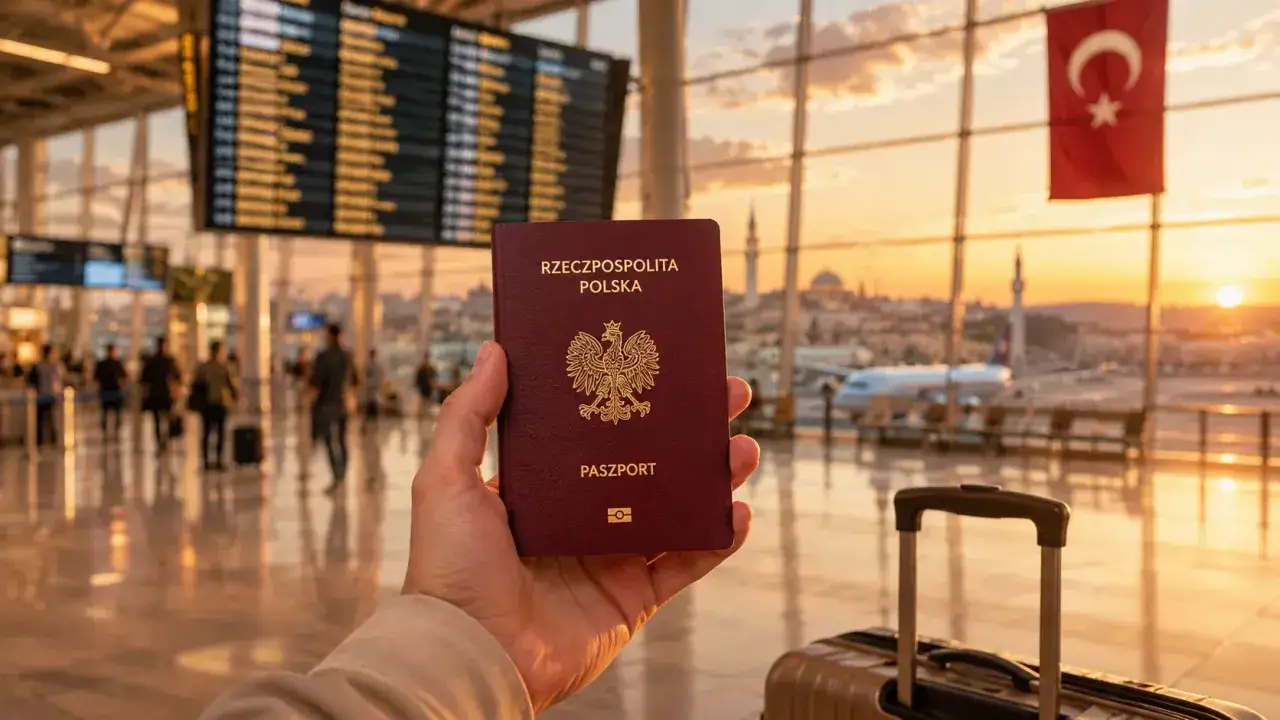 Dłoń trzyma polski paszport na tle lotniska z widokiem na Stambuł i flagę Turcji. Czy Turcja jest w Schengen?