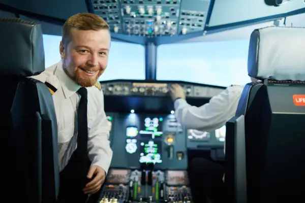 Uśmiechnięty pilot liniowy w kabinie samolotu, obok drugiego pilota obsługującego przyrządy.