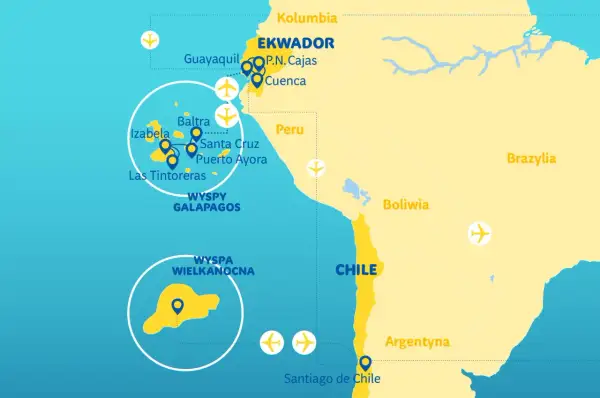 Mapa pokazuje, gdzie jest Wyspa Wielkanocna, daleko na zachód od Chile, obok Wysp Galapagos.