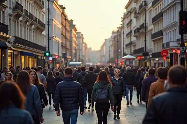 Tłum ludzi na ruchliwej ulicy w Londynie. Czy londyn jest bezpieczny? Wiele osób spaceruje, tworząc wrażenie normalności i spokoju.