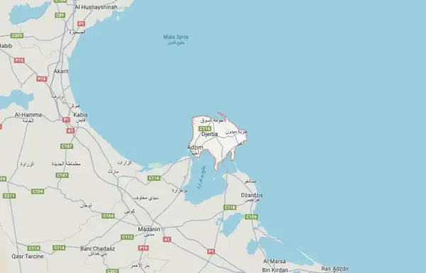 Mapa pokazuje, gdzie leży Djerba, wyspa na południe od Kabis i na wschód od Madanin, w Tunezji.