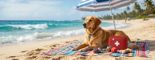 Złoty retriever odpoczywa na plaży pod parasolem, gotowy na tui wakacje z psem. Obok leży apteczka, piłka i zabawka.
