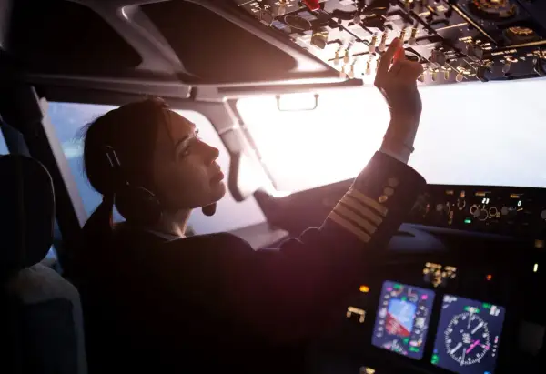 Pilotka z licencją PPL sprawdza panel sterowania w kokpicie.