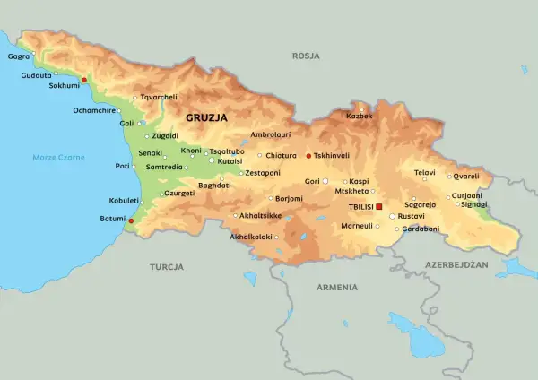 Mapa polityczna Gruzji z zaznaczonymi miastami i sąsiadującymi krajami: Rosją, Turcją, Armenią i Azerbejdżanem. Gdzie leży Gruzja? Na Kaukazie, nad Morzem Czarnym.